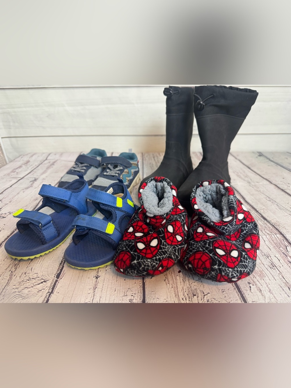 Boys Shoe Lot Spiderman slippers Red black boots blue sandals and sneakers